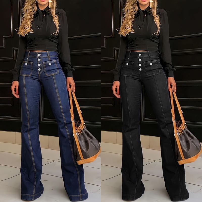 Cross-border 2024 Spring European and American New Breasted High Waist Jeans Women's Slim Elegant Flare Pants in stock