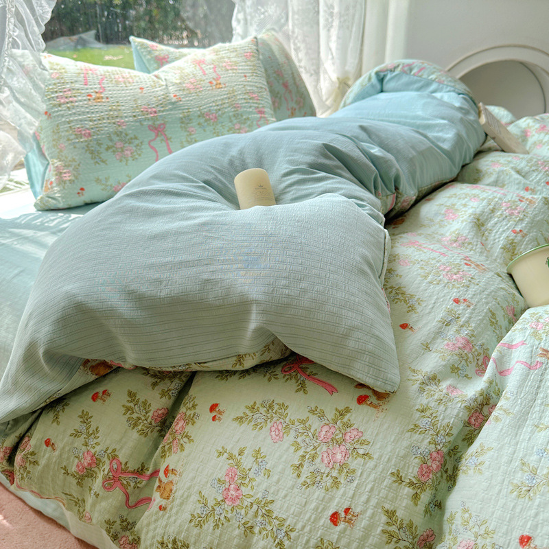 Picture of Class A Maternal and Infant Grade Fresh Small Zhu Cotton Four-piece Set Washed Cotton Bed Sheet Quilt Cover Three-piece Set for Student Dormitory