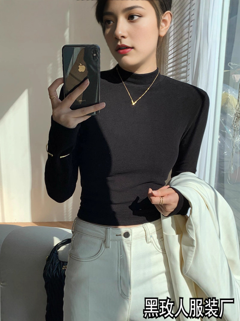 Half Turtleneck Double-Sided German Velvet Bottoming Shirt for Women, Spring & Fall Style, Pure Color Casual Warm Long-Sleeved Top