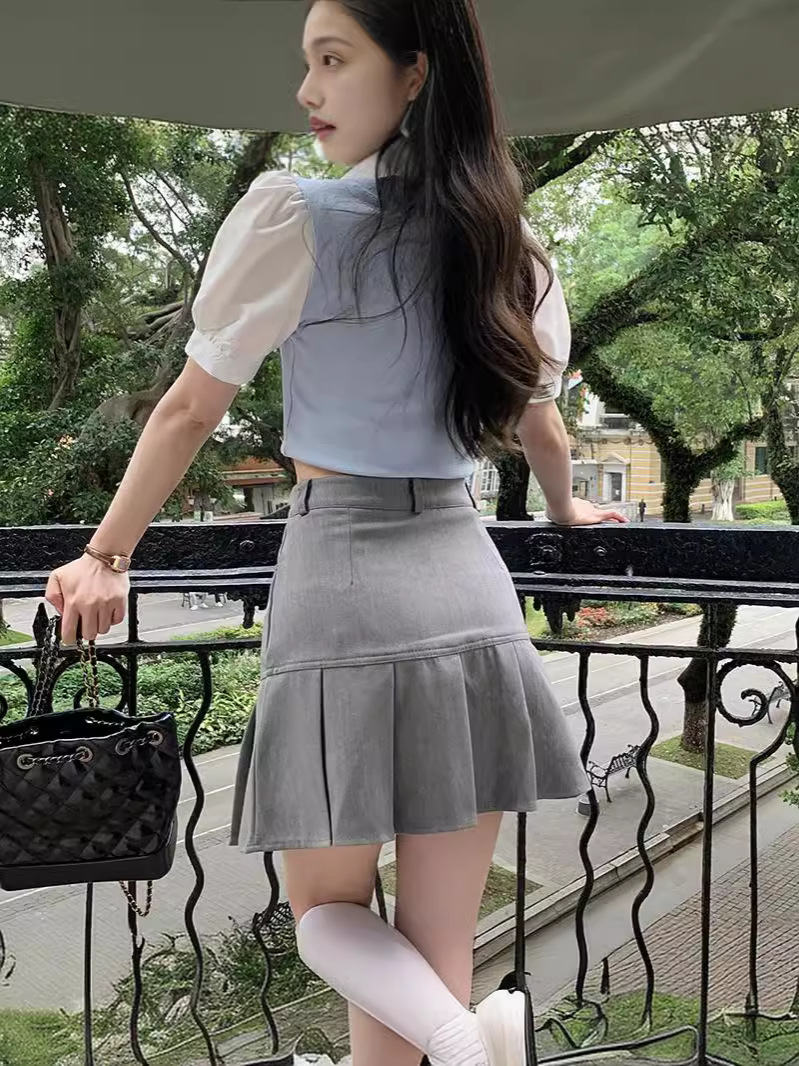 Pleated Skirt Women's 2024 Summer New High Waist A- Line Slimming All-Match Korean Style Short Skirt Suit Grey Skirt