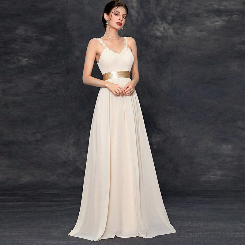 French Sling Evening Dress Champagne Satin Bridal Yarn Simple Normal Wear Bridesmaid Dress Factory Straight Hair