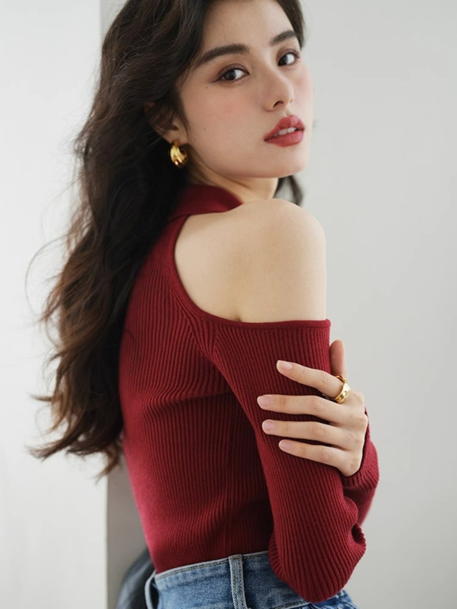 Picture of Polo Collar Knitted Cardigan Red Base Shirt Women's Autumn and Winter Western-style Fur Inner Sweater Hanging Neck Shoulder Top