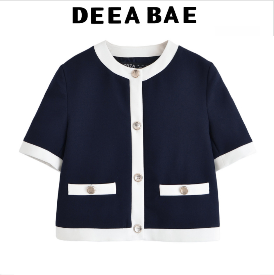 Deeabae Summer New Women's Clothing Foreign Trade Contrast Trim Short Sleeve Round Neck Blazer Women 3597696