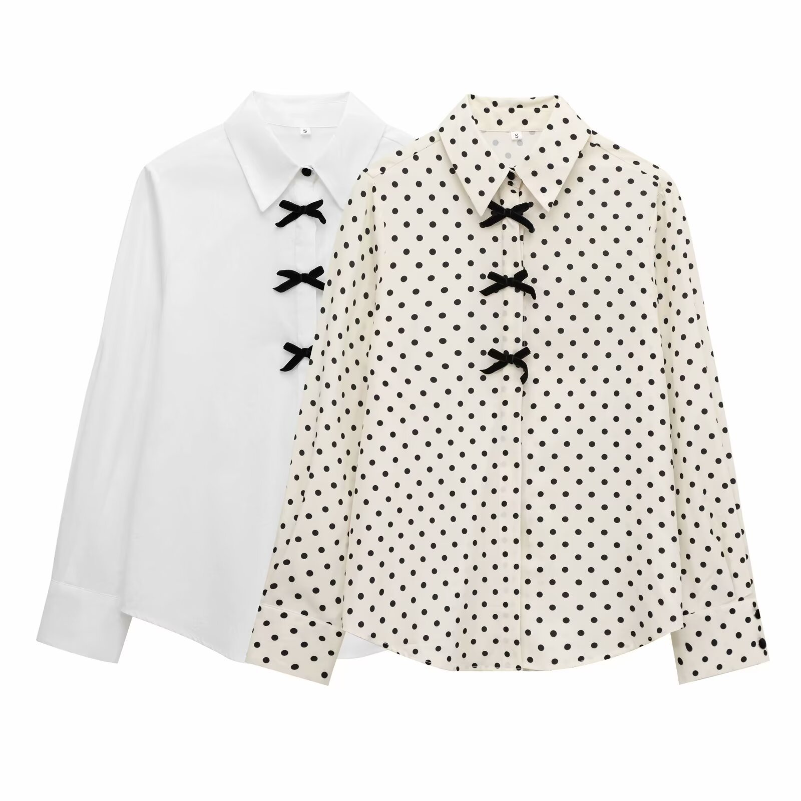 ZA cross-border women's clothing wholesale European and American style spring new lapel bow decoration wave point long sleeve shirt 2136493
