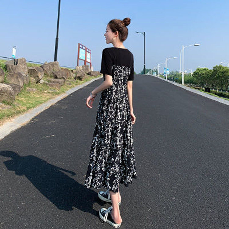 Picture of dress Women's 2025 Summer New Hepburn Style Mid-length Floral Dress Elegant High Waist Slimming Short-sleeved Long Dress