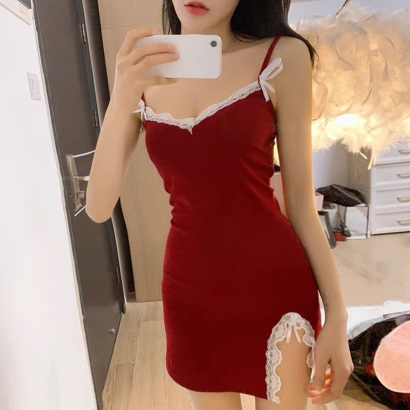 Summer Pajamas with/without Pad Women's Sexy Tight Sling Sling Nightgown Imitation Cotton Lace Lace Split Home Clothes