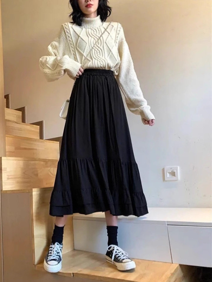 Skirt 2025 New Spring and Summer Mid-Length High-Waisted A-Line Skirt Design Ruffled First Love White Skirt