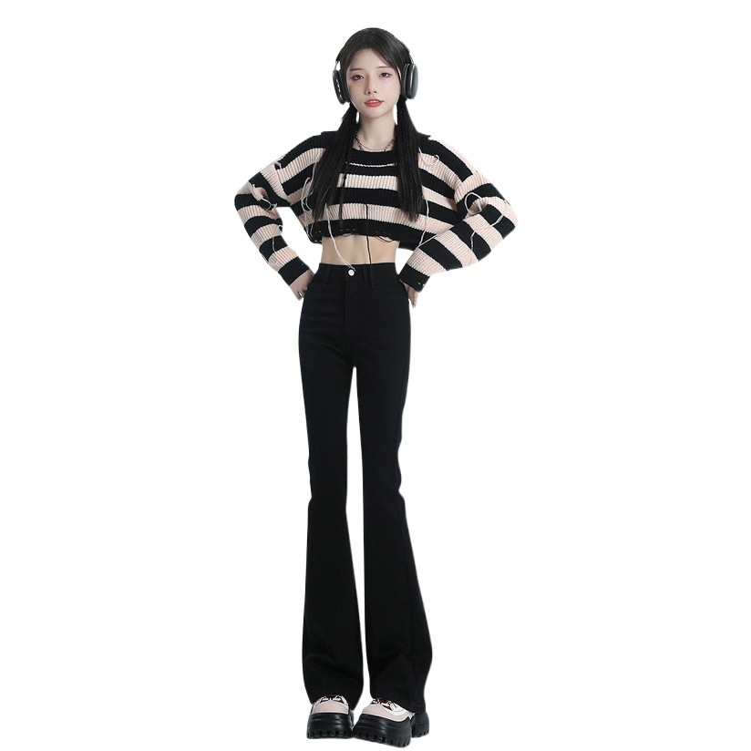 Black Spice Girl Jeans Women's Autumn and Winter New Retro High Waist High-Rise Slimming Stretch Slim-Fit All-Match Swing Pants