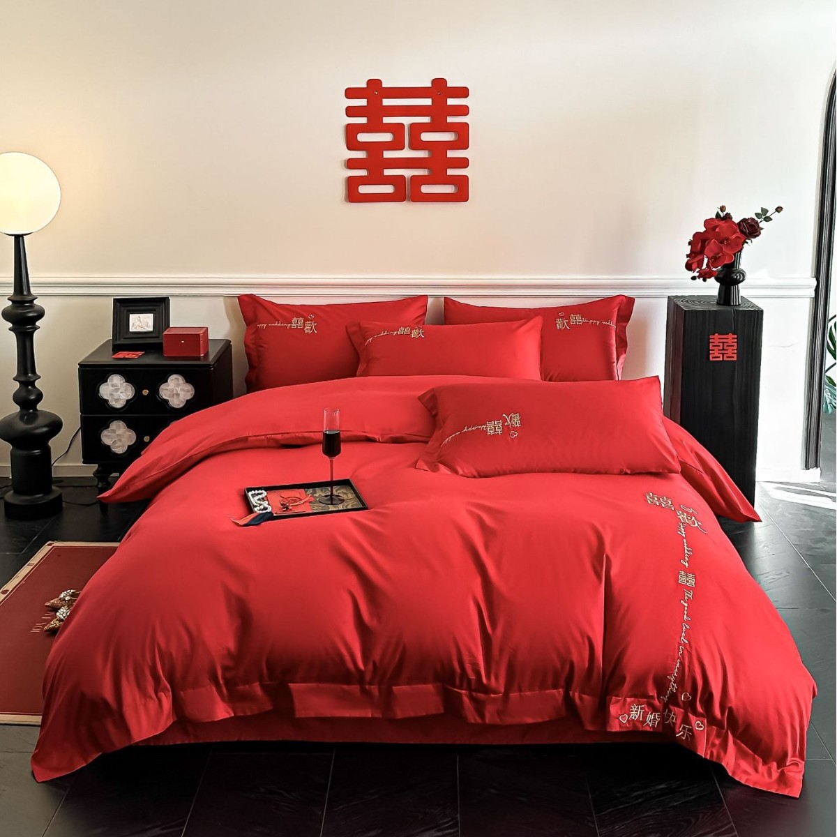 Picture of All-Cotton Wedding Four-Piece Set, Red Double Happiness Long-Staple Cotton Pure Cotton Bedding Wedding Quilt Cover, Wedding Bedding Set with Fitted Sheet
