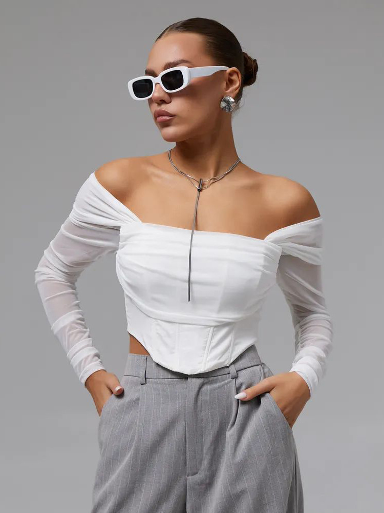Корmekтınч Emskah Sexy Off-Shoulder One-Line Collar Shoulder Top Mesh T-Shirt for Women