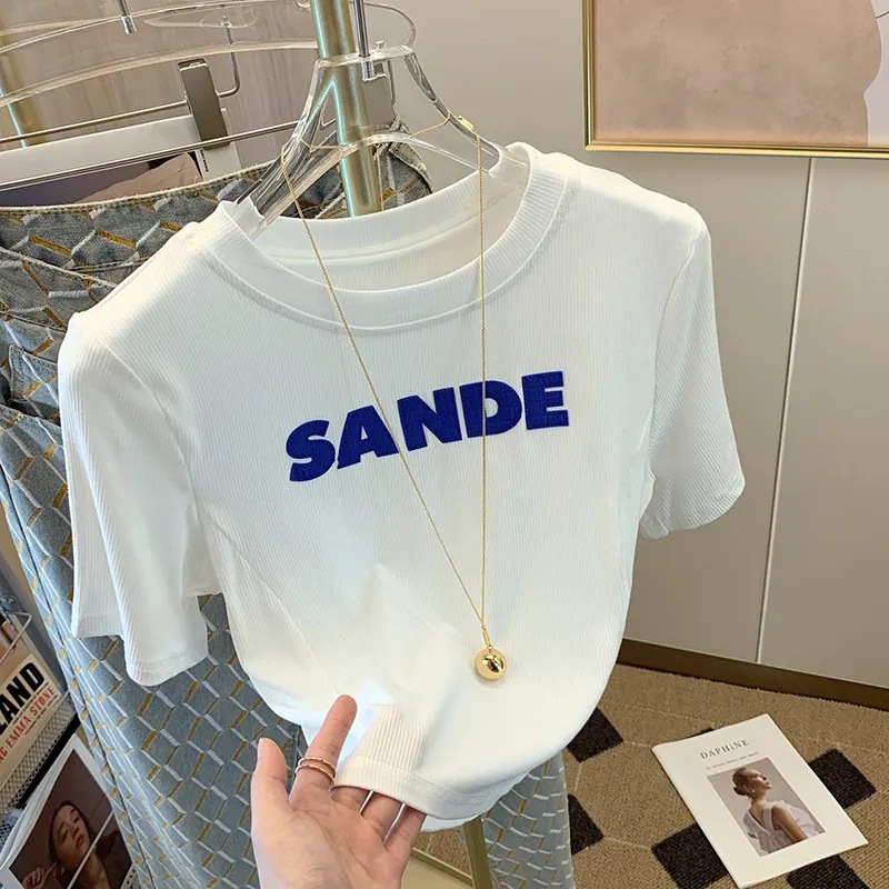 Pure Desire Short Top Design Sense Niche 2024 Summer Slim-fit Slimming Letter White Short-sleeved T-shirt Women's Ins Trendy