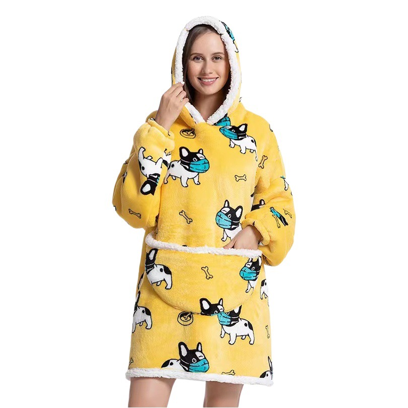 2022 New Cold Wear Flannel Thickened Pajamas Lamb Velvet Tv Tv Lazy Blanket Hooded Outer Wear Cartoon