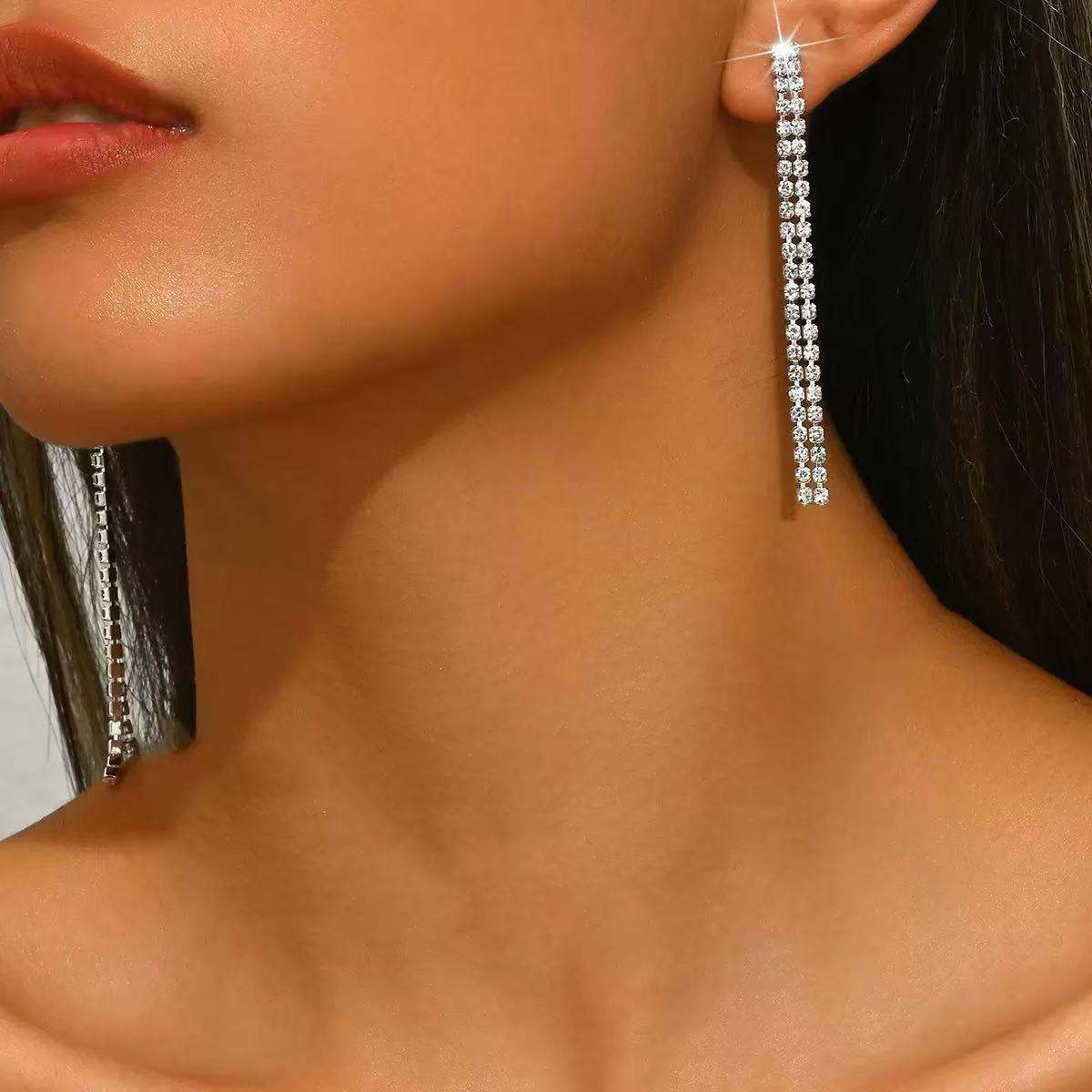 Crystal Zircon Long Water Drop Shape Earrings S925 Silver Needle Long Tassel Earrings for Women with Accessible Luxury and High-End Feel