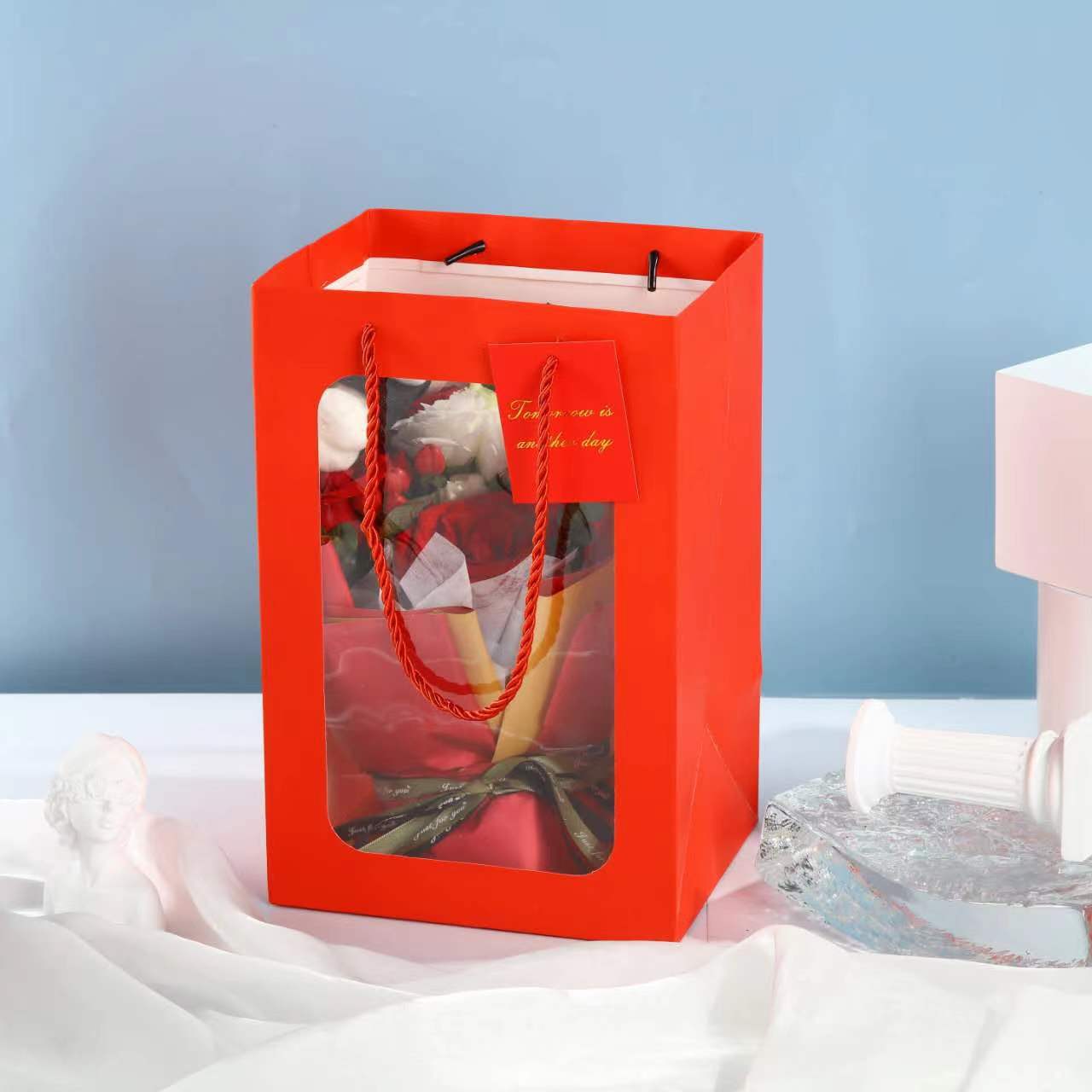 Picture of New Chinese Valentine's Day Flower Tote Bag Bouquet Packaging Gift Bag Transparent Window Tote Bag Wholesale