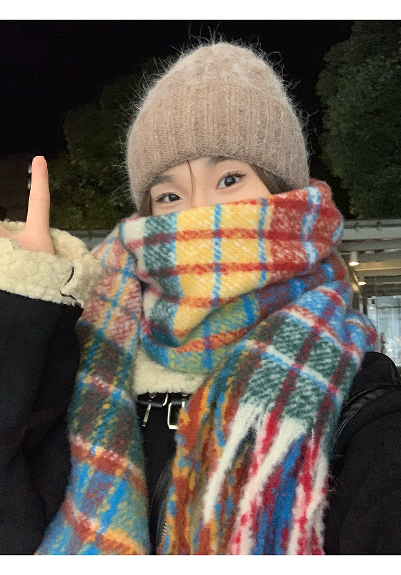 Picture of Korean Autumn and Winter Rainbow Plaid Cashmere Scarf Female Student Couple Mohair Warm Neck Long Shawl