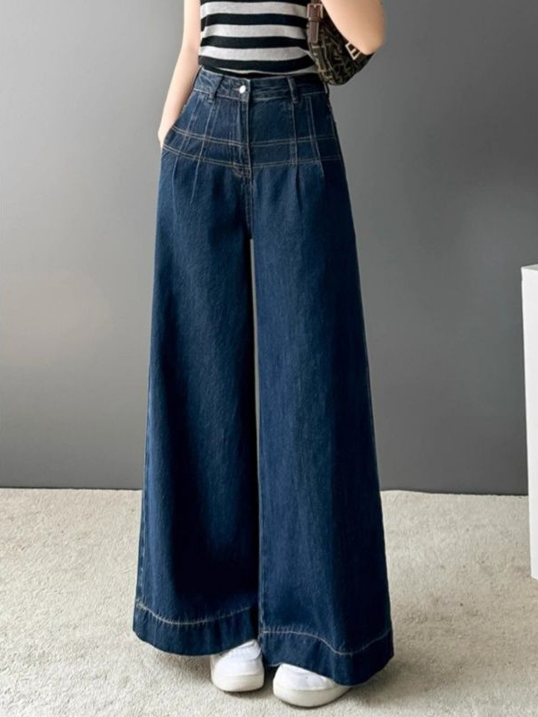 Plus Size Dark Blue Straight Jeans for Women in Spring & Fall Fat mm Pear-Shaped Figure Loose High Waist Slimming Look Wide Leg Long Pants