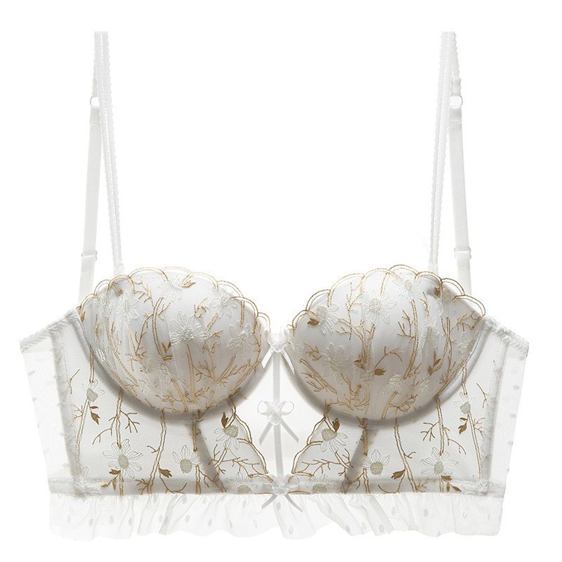 Picture of Summer Large U-shaped Beautiful Back Underwear Women's Lace Embroidered Contrast Backless Bra Small Chest Gather-up Vest Bra