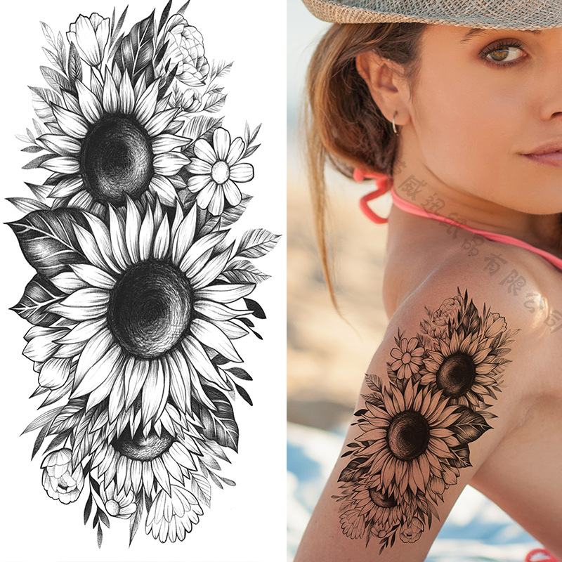 Picture of Cross-Border Supply of Sketch Flower Tattoo Stickers, Sketch Tattoo Stickers, Rose Flower Black and White Flower Tattoo