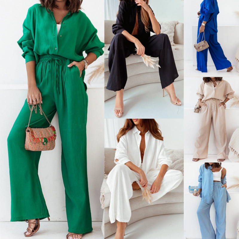 2024 European and American Fall/Winter INS New Loose Elastic Wrinkled Long Sleeve Shirt Wide Leg Pants Casual suit Women