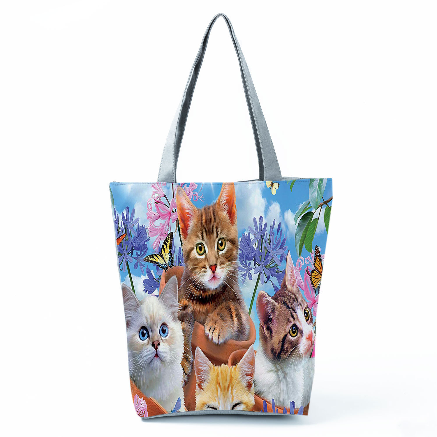 Picture of New cute flower cat printed shoulder bag portable travel storage bag large capacity outdoor tote bag