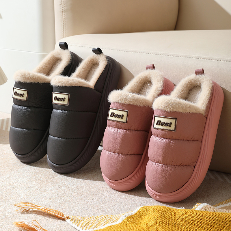 Cotton Slippers for Women Pu Waterproof Anti-Slip Autumn and Winter Warm Home Use Fleece-Lined Thick Sole Couple Winter Foot Warmer Slippers for Men