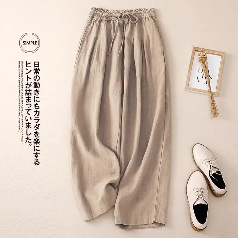 Women's Cotton and Linen Wide-leg Pants Four-color Elasto High Waist Dosing 2024 Spring and Summer Thin Loose Cotton Casual Straight Pants