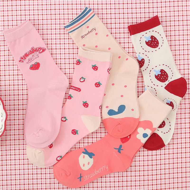 Socks Women Autumn and Winter New Cartoon Letters Strawberry Women Socks Wholesale Sweet Casual Joker Women Fashionable Socks