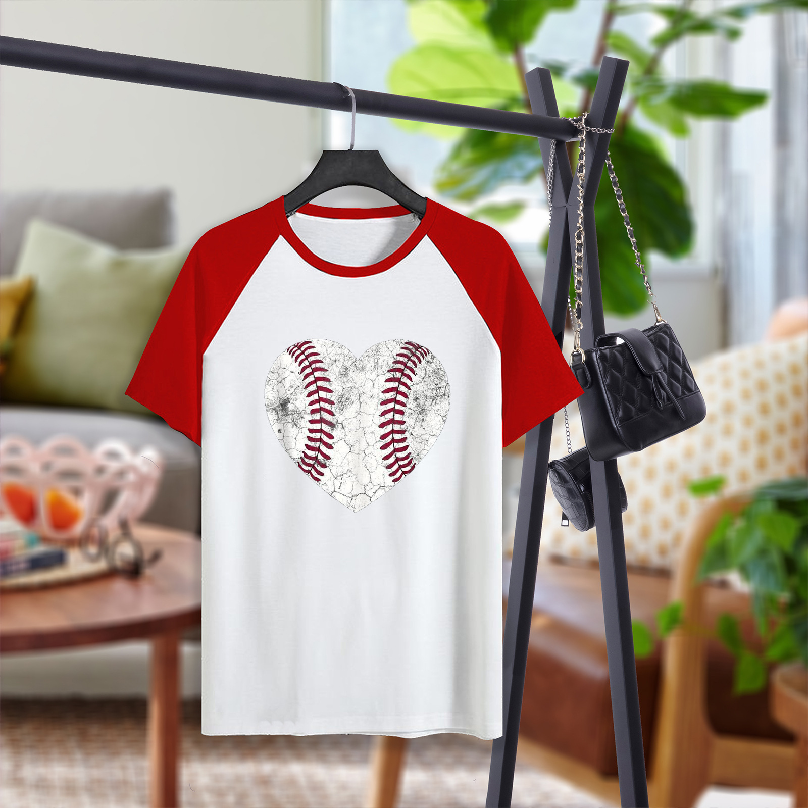2023 Amazon Unisex Raglan Short-sleeved New Baseball Love Raglan Round Neck Short-sleeved T-shirt