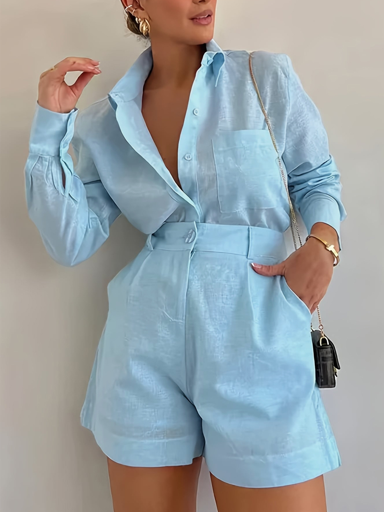 Cross-Border Women's Solid Color High-Waisted Shorts Two-Piece Set New Fashion Women's Lapel Long-Sleeved Shirt Shorts Suit for Women
