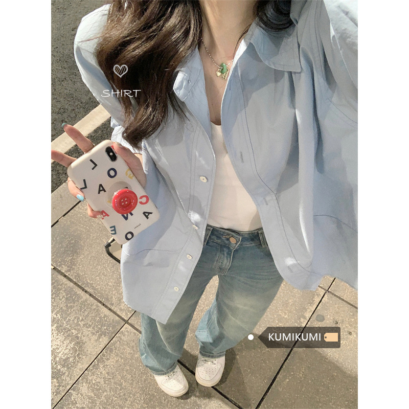 High-end Blue Long-sleeved Shirt Coat Women's Autumn Small Loose Casual Cardigan Shirt Mid-length Top