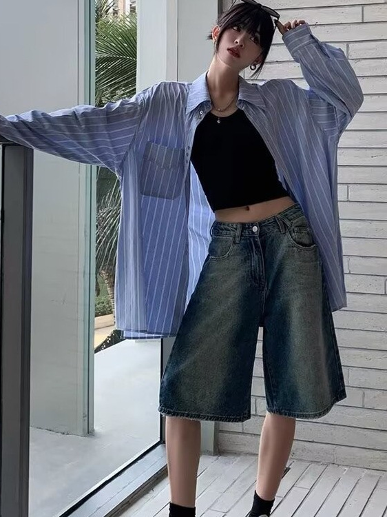 Retro American-Style Cropped Jeans for Women in Spring and Summer, Loose and Versatile, Casual Washed Wide-Leg Straight Cropped Pants