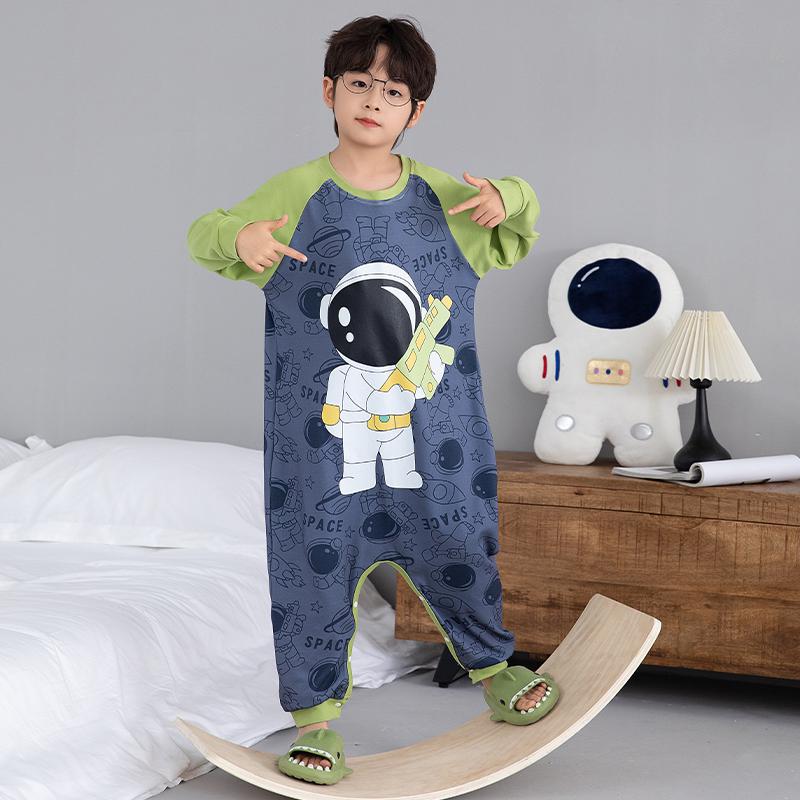 Children's one-part pajamas boys spring and autumn cotton long sleeve 2024 new little boy's one-part sleeping bag home clothes