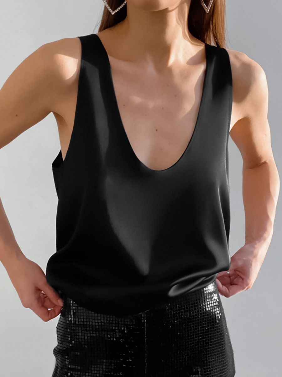 Picture of 2025 Summer New Pure Color Satin U-Neck Sleeveless T-Shirt European and American Versatile Street Style Vest Wholesale for Women