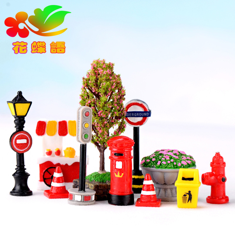 Picture of Indicating street sign street lamp mailbox fire hydrant trash can flower bed road cone Street View crafts resin gift ornaments