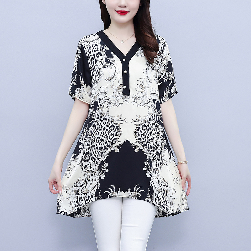 Picture of Plus Size Women's Clothing 2025 Summer New Style Ink Print Mid-Length Fashionable Belly-Covering Slimming Casual Simple Top for Women