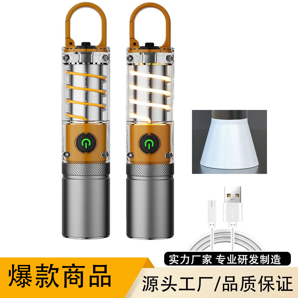 Flashlight multi-function dual light source with hook rechargeable lighting lamp zoom tungsten atmosphere camping lamp