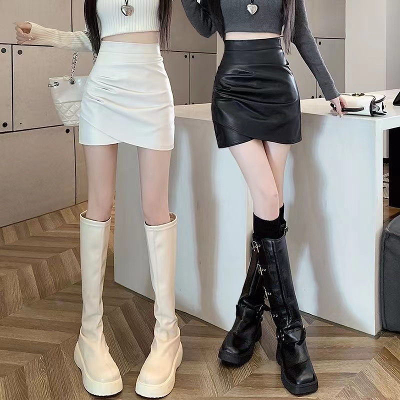 Black PU leather skirt skirt women's autumn and winter 2023 new high waist slimming irregular pleated hip skirt