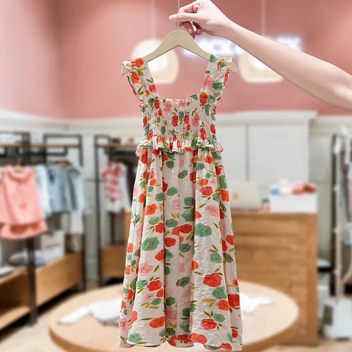 Western Style Seaside Vacation Style Dress Summer New Style Girl's Fashion Floral Vesper Dress for Primary and Secondary School Students Summer Dress