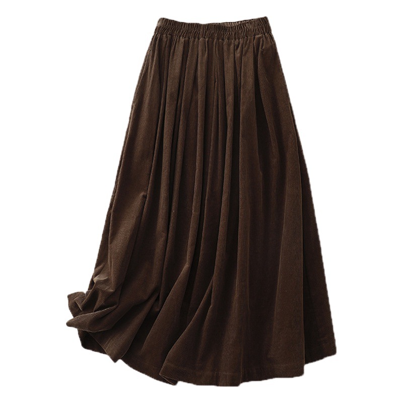 In stock Real shot Japanese retro brown corduroy skirt women's autumn and winter slimming A- line skirt high waist umbrella skirt drape
