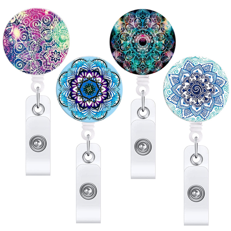 Amazon hot spot Mandala retractable easy pull buckle colorful flowers easy pull ID badge buckle customization