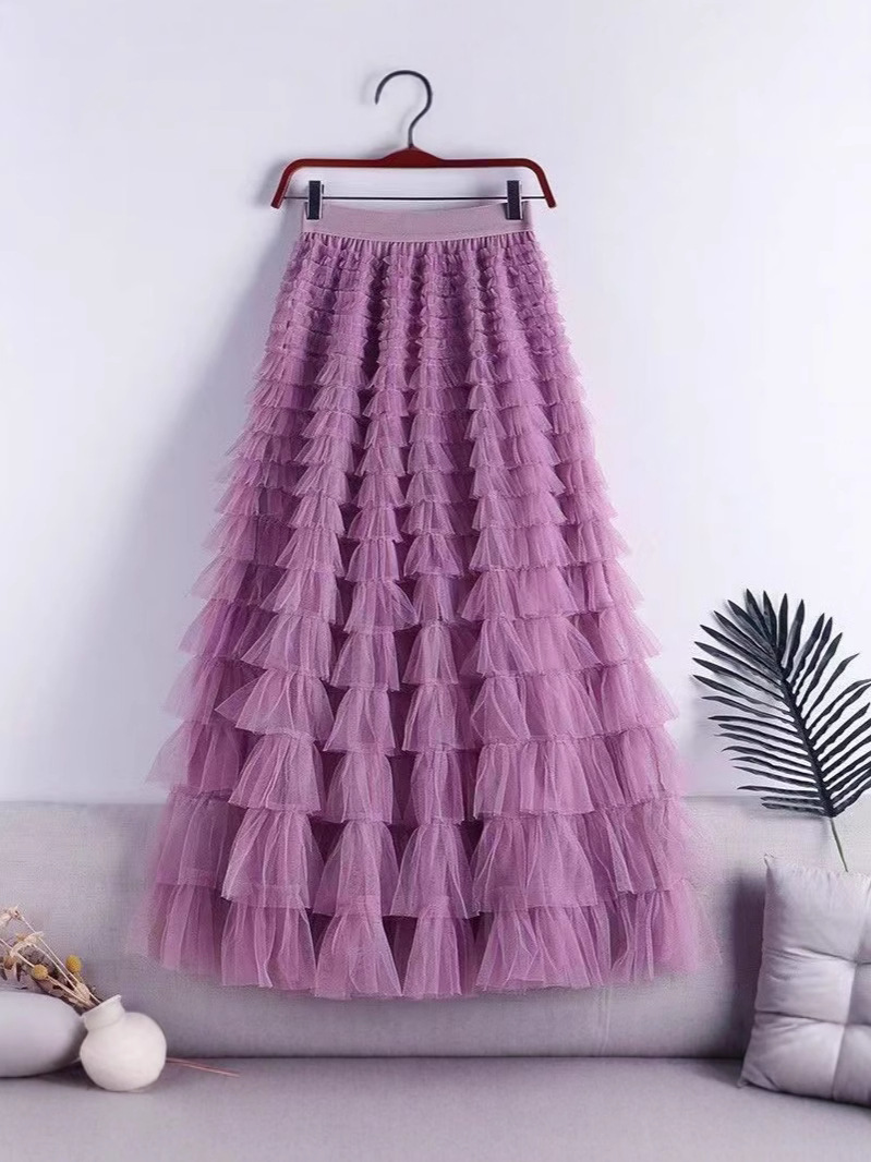 Mesh Stitching Cake Skirt 2025 Spring, Summer, Autumn and Winter New Mid-length Skirt A- line Long Skirt Tulled Veil Skirt