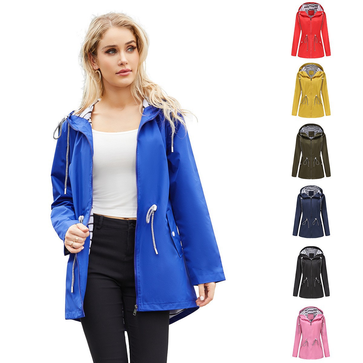 Picture of Autumn/Winter Coat European and American women's trench coat cross-border women's long hooded striped splash-resistant raincoat