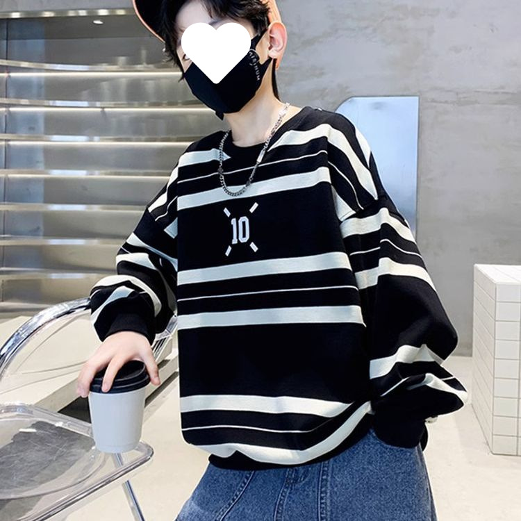 Boys' autumn striped sweater 2023 new cool handsome boy loose round neck long sleeve T-shirt Korean thin top