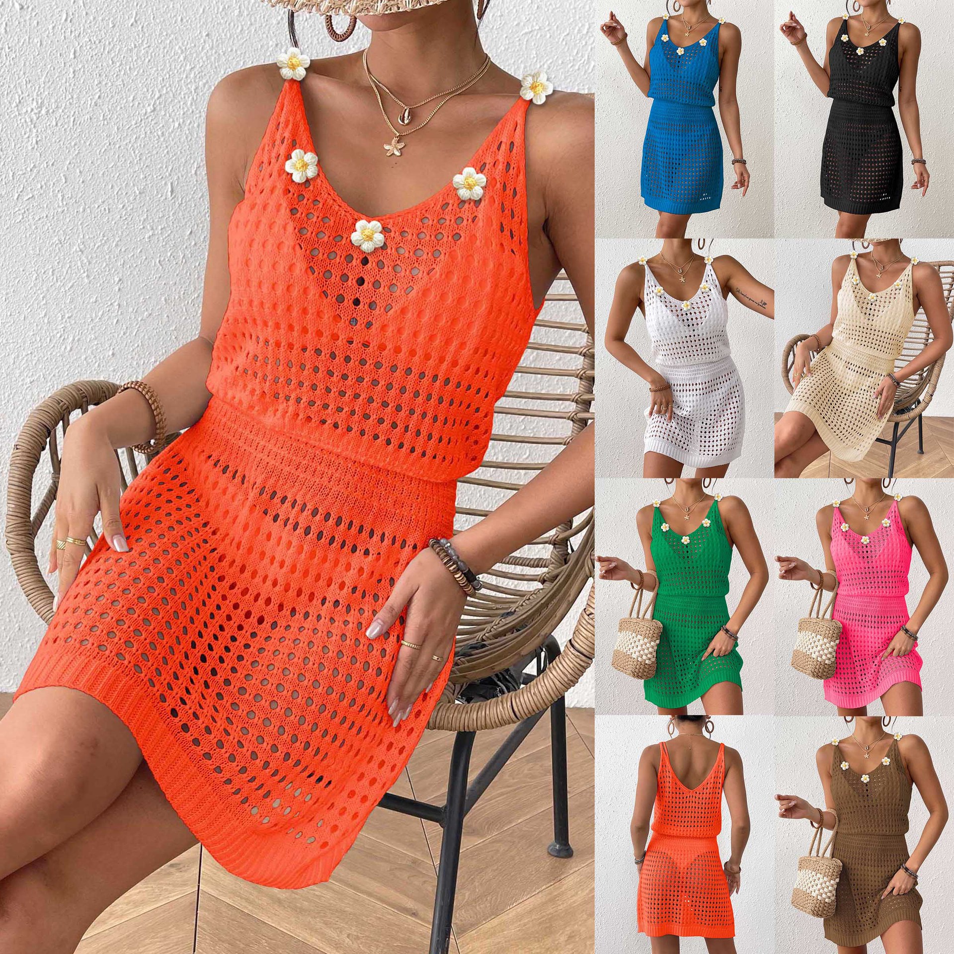2025 new dress European and American sexy knitted hollow strap beach skirt crochet stitching waist strap skirt