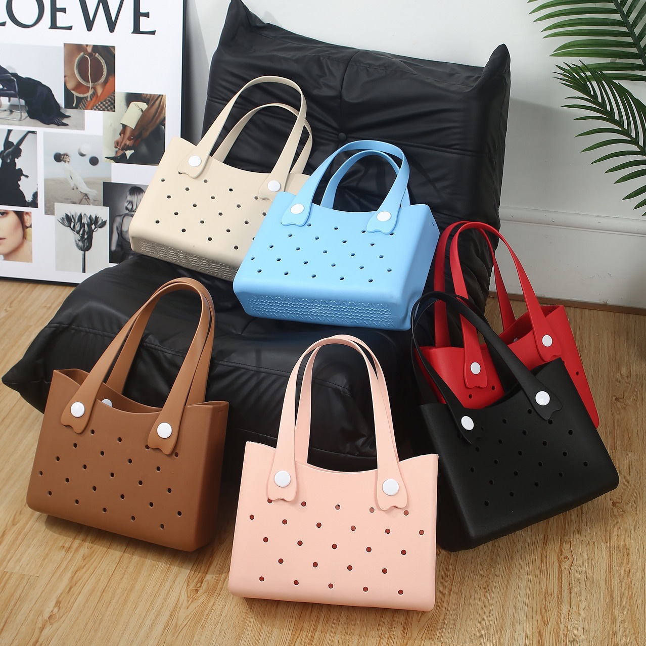 Cross-Border Women's Large-Capacity Beach Bag European and American Fashion Pure Color Satchel Creative Hole Bag Women's Eva Outdoor Basket