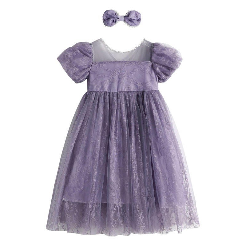 Girls' summer and autumn dress children's short-sleeved princess dress baby girls' mesh dress Pearl round neck children's lace dress