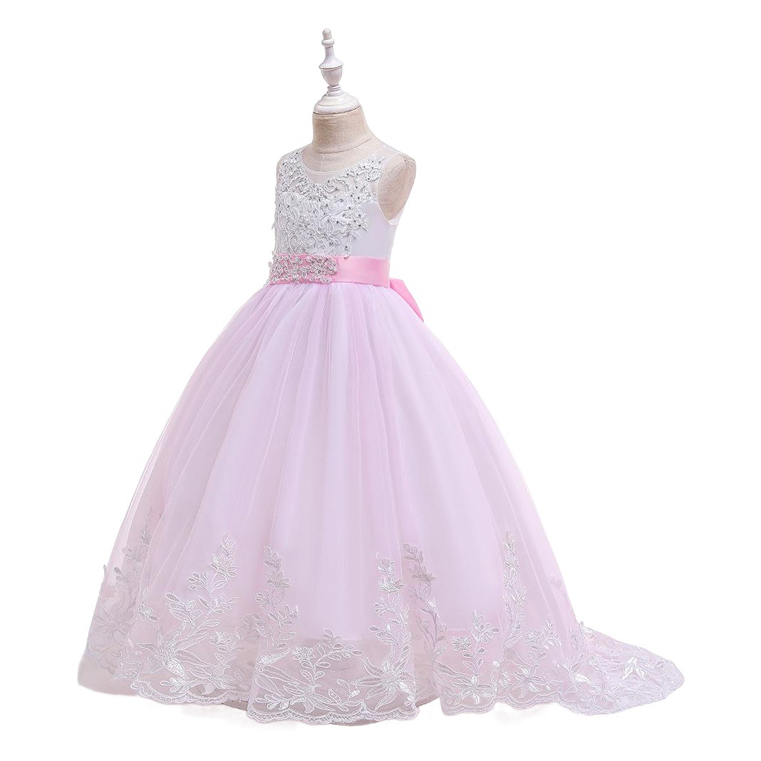 wish Foreign Trade Children's Lace Long Dress Crystal Tube Chest Lace Trailing Long Catwalk Wedding Dress Princess Dress