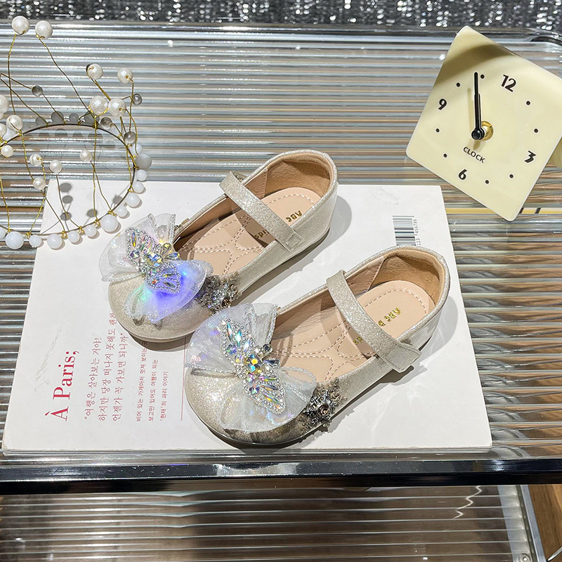 Girls' Princess Shoes with Light 2025 Spring New Children's Luminous Soft-soled Leather Shoes Little Girl's Cartoon Crystal Shoes