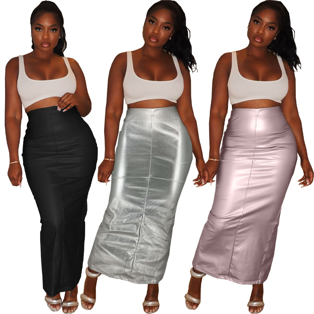 Amazon Cross-border European and American Women's Elegant Solid Color Leather Split Slim Hip Skirt