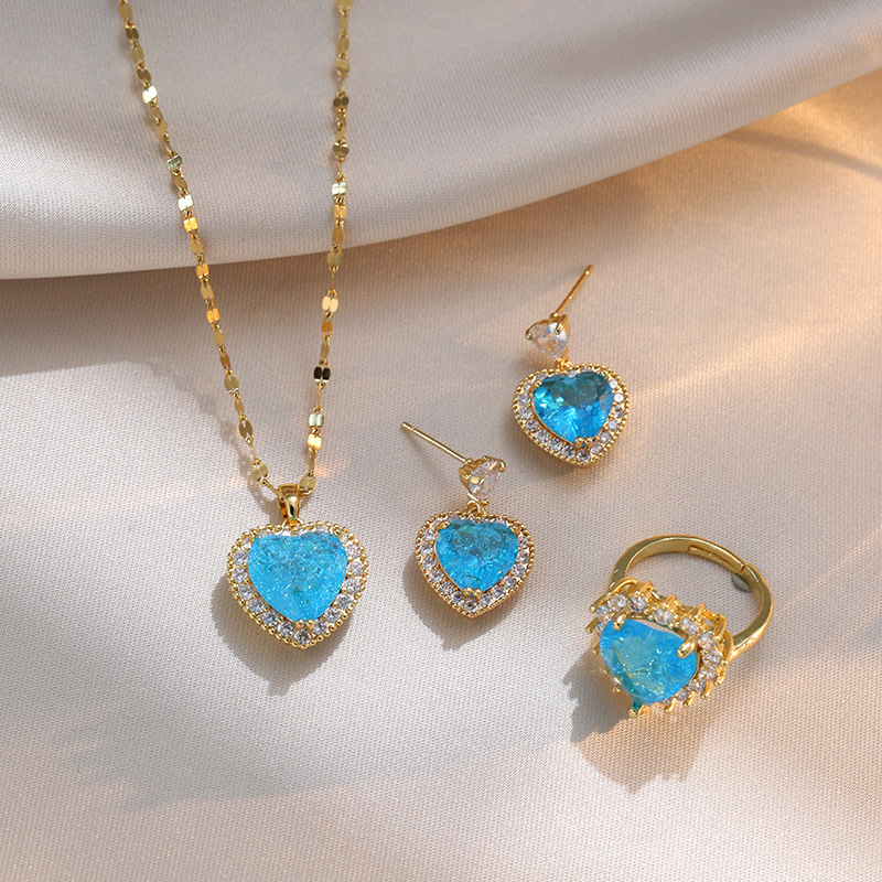 Titanium Steel Necklace Women's Heart-Shaped Pendant Heart-Shaped Earrings Heart-Shaped Ring Imitation Paraiba Jewelry Heart-Shaped Set